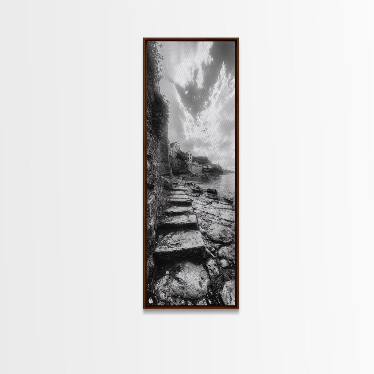 Cliffside Village, Stone Path, Seaside Escape, Dreamy Landscape, Canvas Print, Living Room Wall Art, Romantic Wall Decor, Monochrome Style
