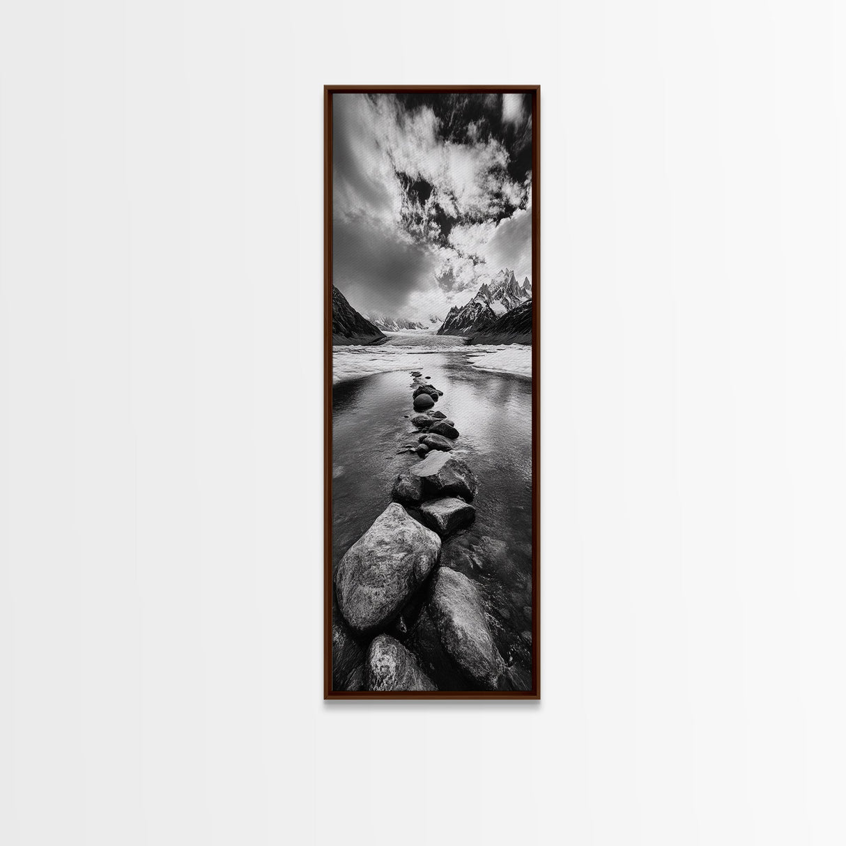 Mountain Stream, Stone Path, Black and White Nature, Scenic Landscape, Framed Canvas Print, Modern Cabin or Rustic Wall Decor, Office Art