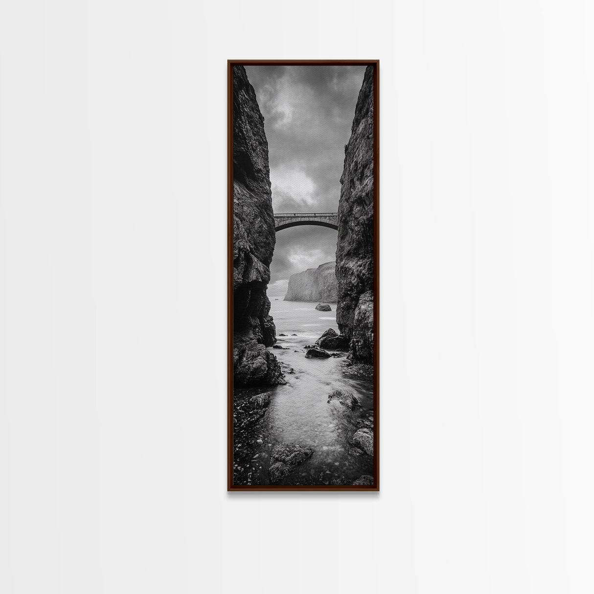 Sea Arch, Cliff Bridge, Coastal Landscape, Dramatic Ocean View, Black and White Framed Canvas Print, Bathroom Art, Hallway Wall Art