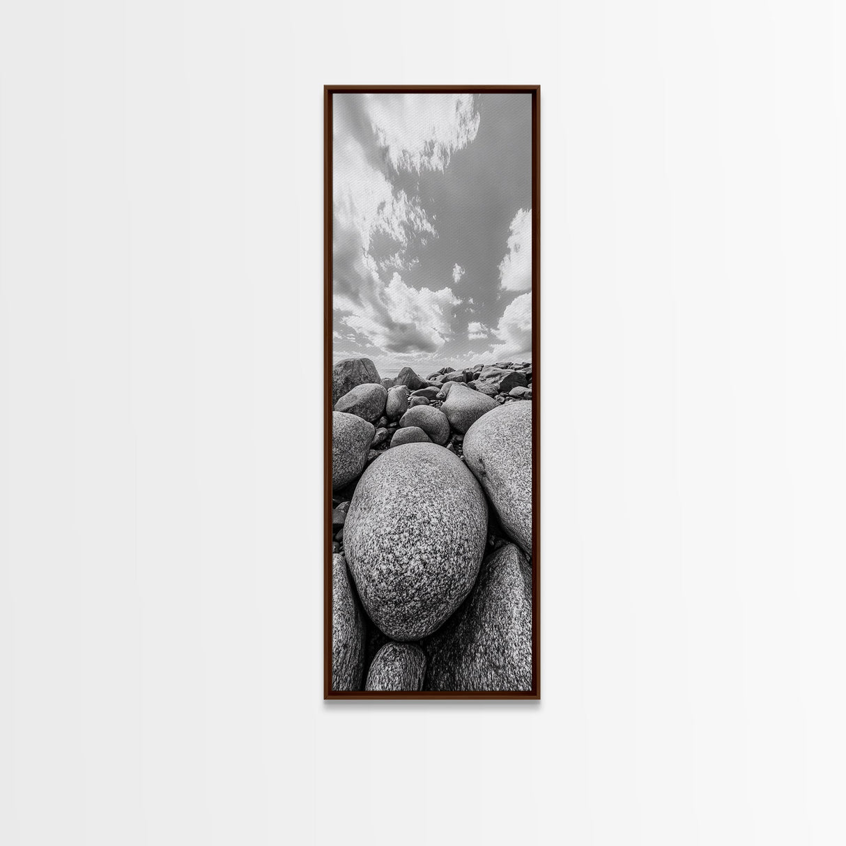 Granite Boulders, Coastal Rocks, Ocean Horizon, Dramatic Clouds, Framed Canvas Print, Nature Wall Art, Modern Beach House Decor