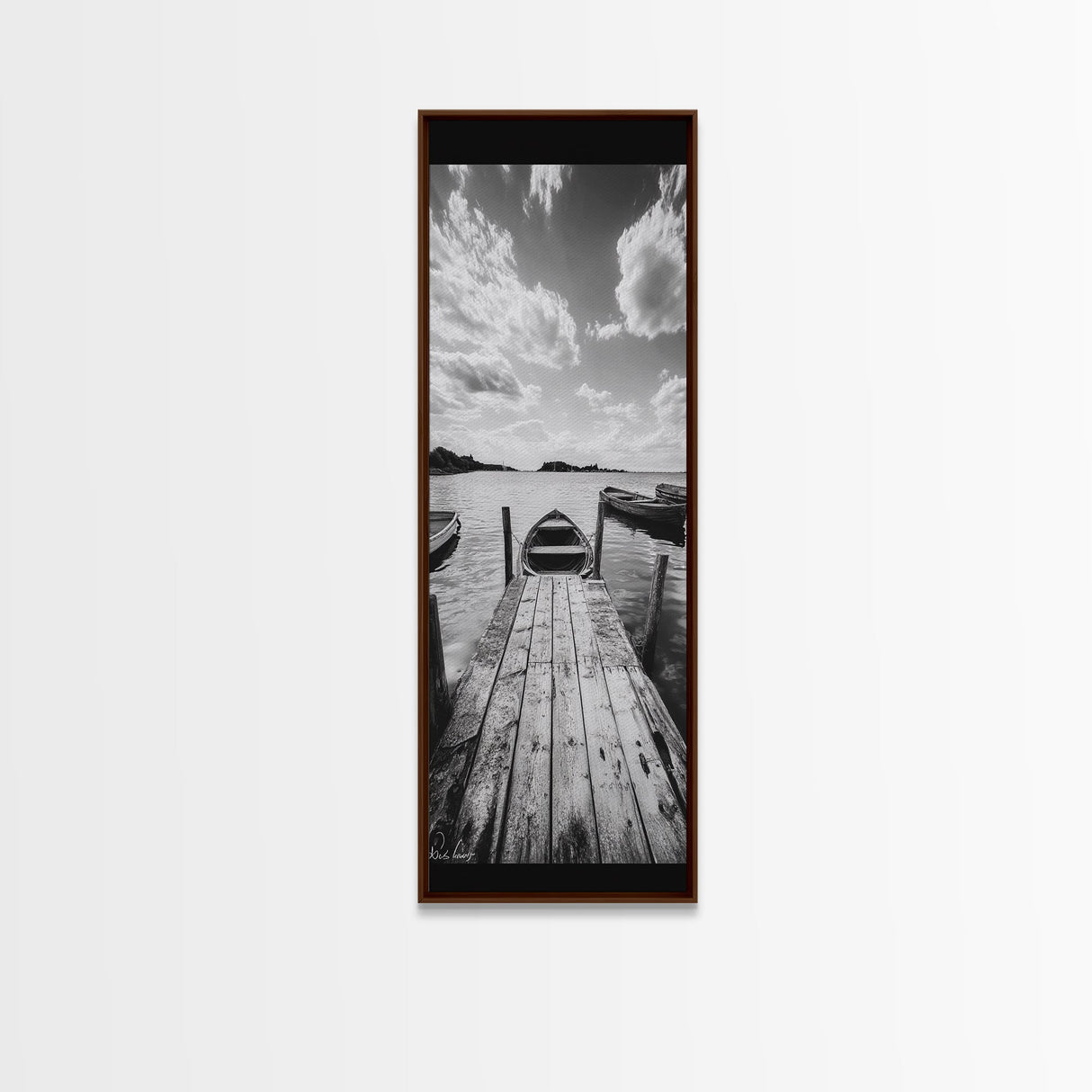 Docked Rowboat, Calm Waters, Rustic Pier, Serene Lake View, Framed Canvas Print, Black and White Coastal Art, Bedroom Wall Decor