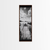 Docked Rowboat, Calm Waters, Rustic Pier, Serene Lake View, Framed Canvas Print, Black and White Coastal Art, Bedroom Wall Decor