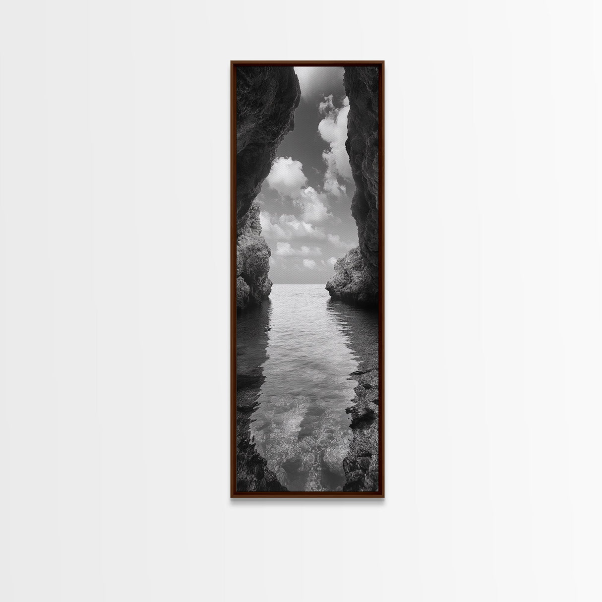 Ocean Cave, Tranquil Waters, Cloudy Sky, Coastal Wall Art, Canvas Print, Black and White Nature Decor, Modern Beach House Wall Art