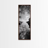Island Cove, Palm Tree, Peaceful Sea, Tropical Coastline, Black and White Framed Canvas Print, Boho Beach Wall Art, Bathroom Decor