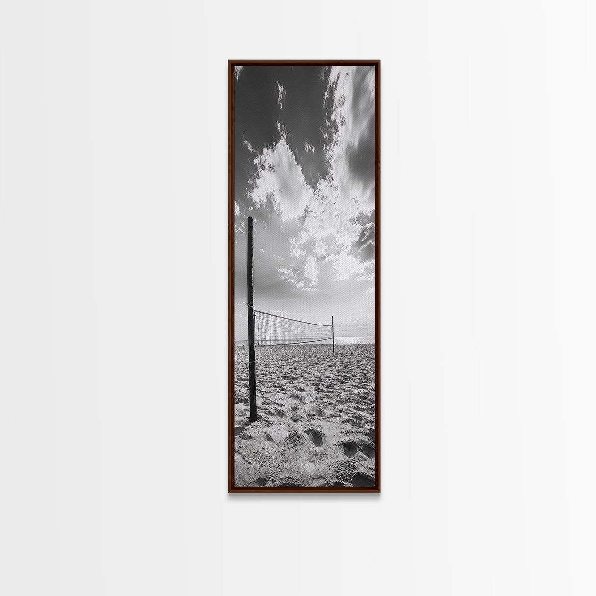 Beach Volleyball, Sandy Court, Summer Games, Ocean Sky, Active Lifestyle, Framed Canvas Print, Game Room Wall Art, Sporty Coastal Art