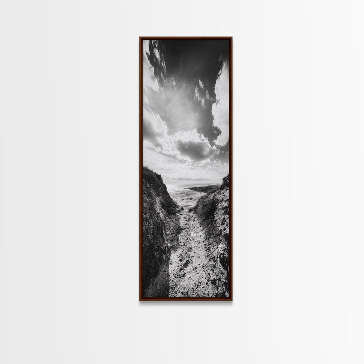 Cliffside Horizon, Beach Escape, Black and White Nature, Framed Canvas Print, Coastal Wall Art, Entryway Decor, Minimalist Aesthetic