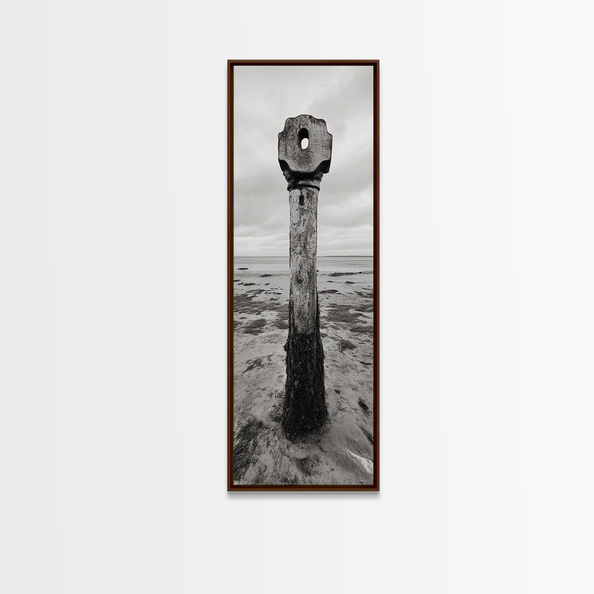 Driftwood Totem, Coastal Pillar, Ocean Beach Monochrome, Framed Canvas Print, Rustic Wall Art, Boho Bedroom Decor, Nature Photography