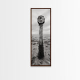 Driftwood Totem, Coastal Pillar, Ocean Beach Monochrome, Framed Canvas Print, Rustic Wall Art, Boho Bedroom Decor, Nature Photography