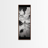 Lone Beach Walker, Dramatic Sky, Ocean Reflections, Solitude Moment, Framed Canvas Print, Hallway Wall Art, Moody Minimalist Decor