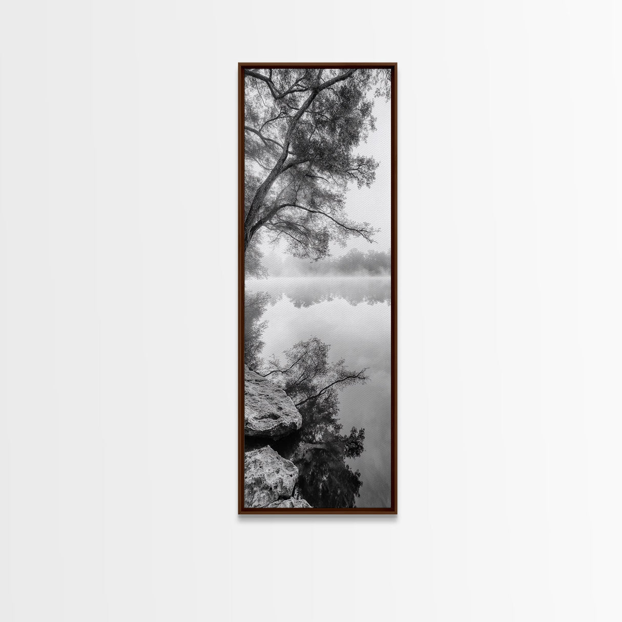 Misty Lake, Tree Reflection, Tranquil Morning, Framed Canvas Print, Bedroom Wall Art, Serene Nature Photography, Minimalist Art Style