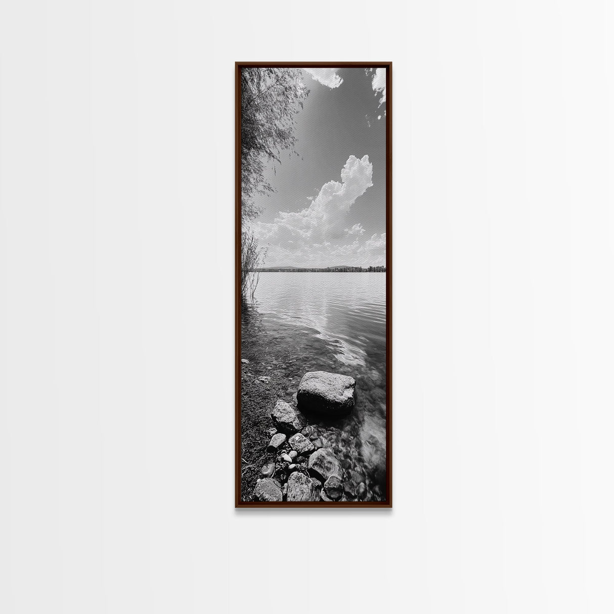 Peaceful Lake, Cloud Reflection, Shoreline Stones, Framed Canvas Print, Guest Room Wall Art, Nature Inspired Decor, Minimalist Landscape