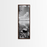 Peaceful Lake, Cloud Reflection, Shoreline Stones, Framed Canvas Print, Guest Room Wall Art, Nature Inspired Decor, Minimalist Landscape