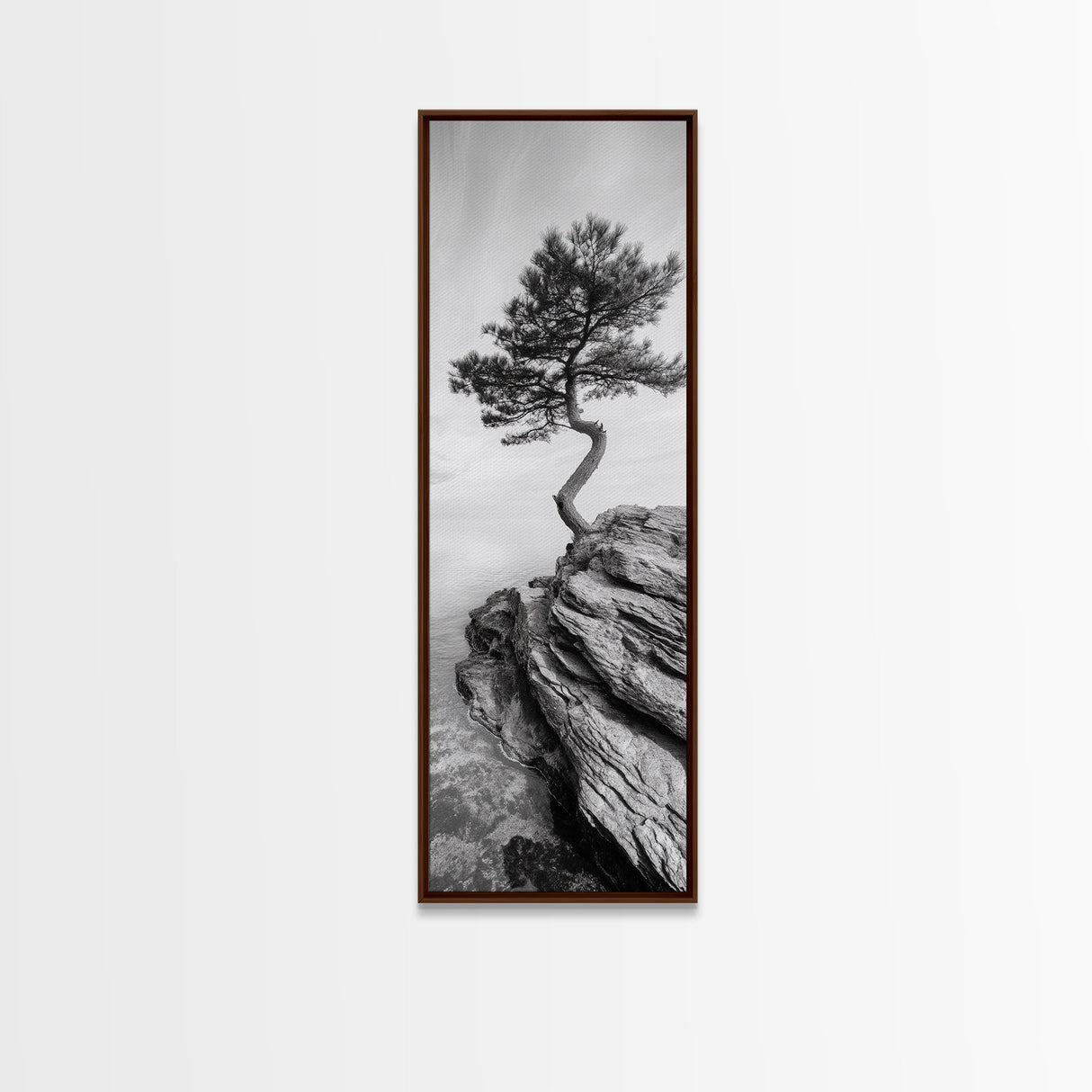 Lone Pine Tree, Minimal Nature, Tranquil Cliff Scene, Zen Forest Print, Framed Canvas Print, Japandi Wall Art, Entryway Tree Print, Nature Minimalism