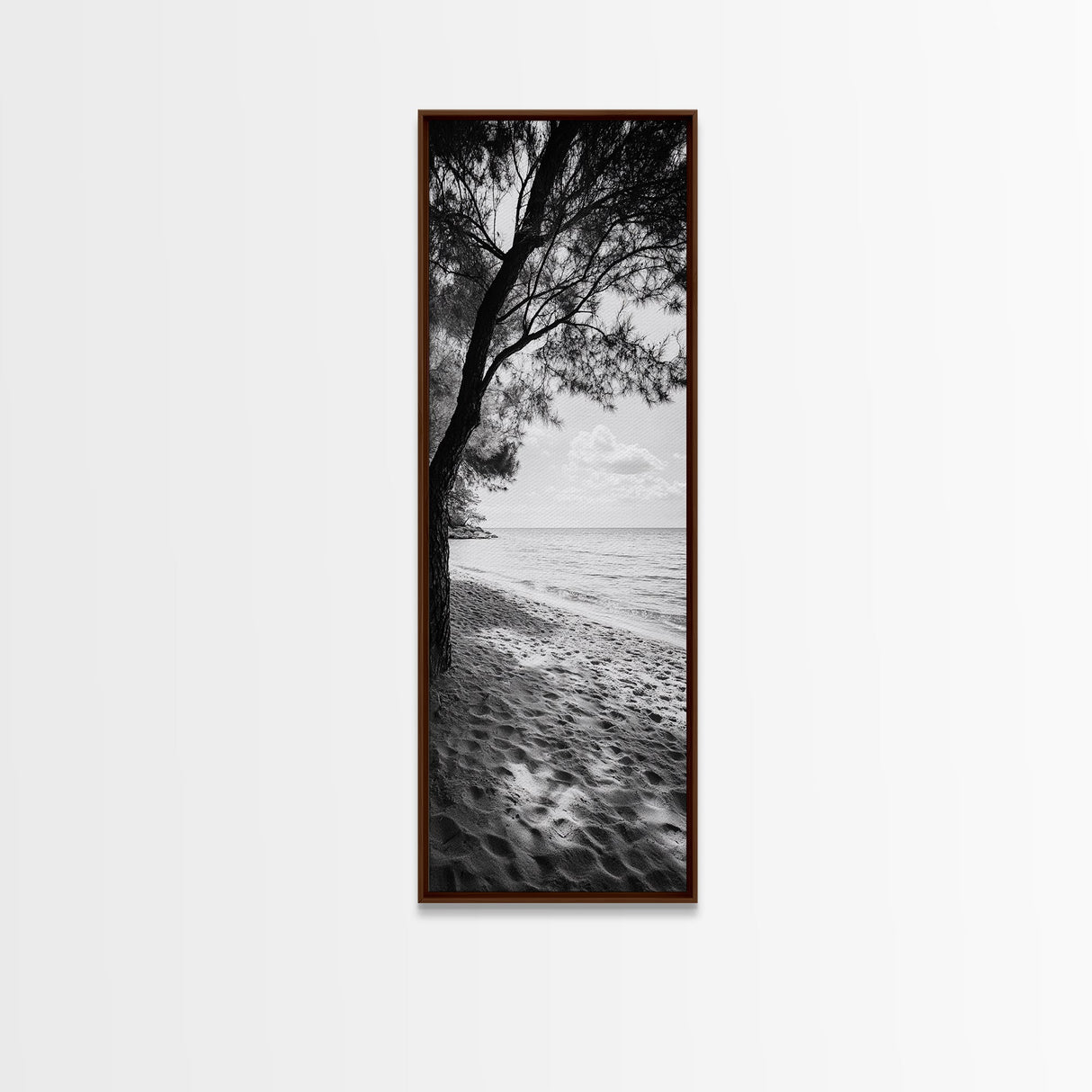 Coastal Tree Shade, Beach Sand Path, Seaside Serenity, Nature Retreat, Framed Canvas Print, Bathroom Wall Art, Neutral Tones, Calm Ocean Art