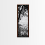 Coastal Tree Shade, Beach Sand Path, Seaside Serenity, Nature Retreat, Framed Canvas Print, Bathroom Wall Art, Neutral Tones, Calm Ocean Art