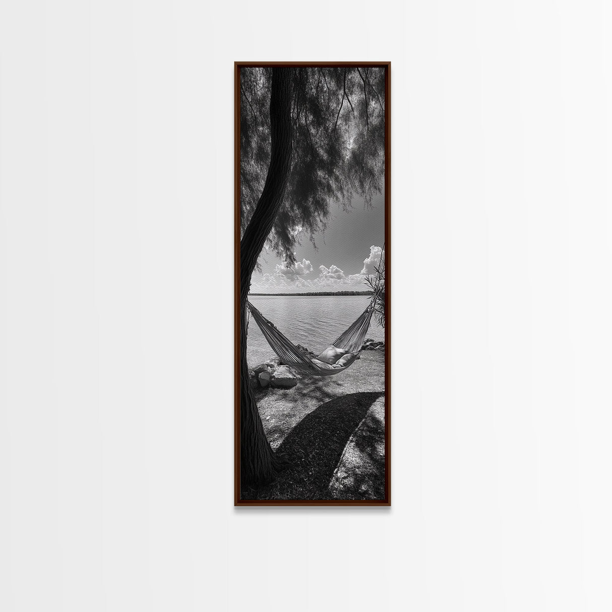 Hammock Dreams, Coastal Rest, Lakeside Retreat, Chill Vibes, Framed Canvas Print, Boho Wall Art, Serene Bedroom Art, Relaxation Inspired Decor