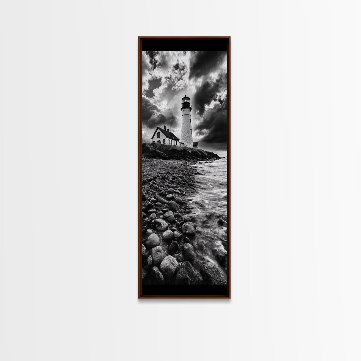 Lighthouse Drama, Coastal Storm, Rocky Shoreline Scene, Moody Ocean Sky, Framed Canvas Print, Nautical Living Room Wall Art, Black White Art