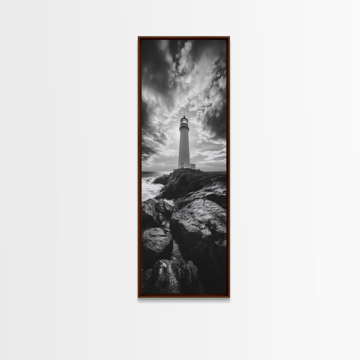 Coastal Beacon, Nautical Light, Ocean Landscape, Sunset Sky, Lighthouse Photography Framed Canvas Print, Living Room Nautical Wall Art