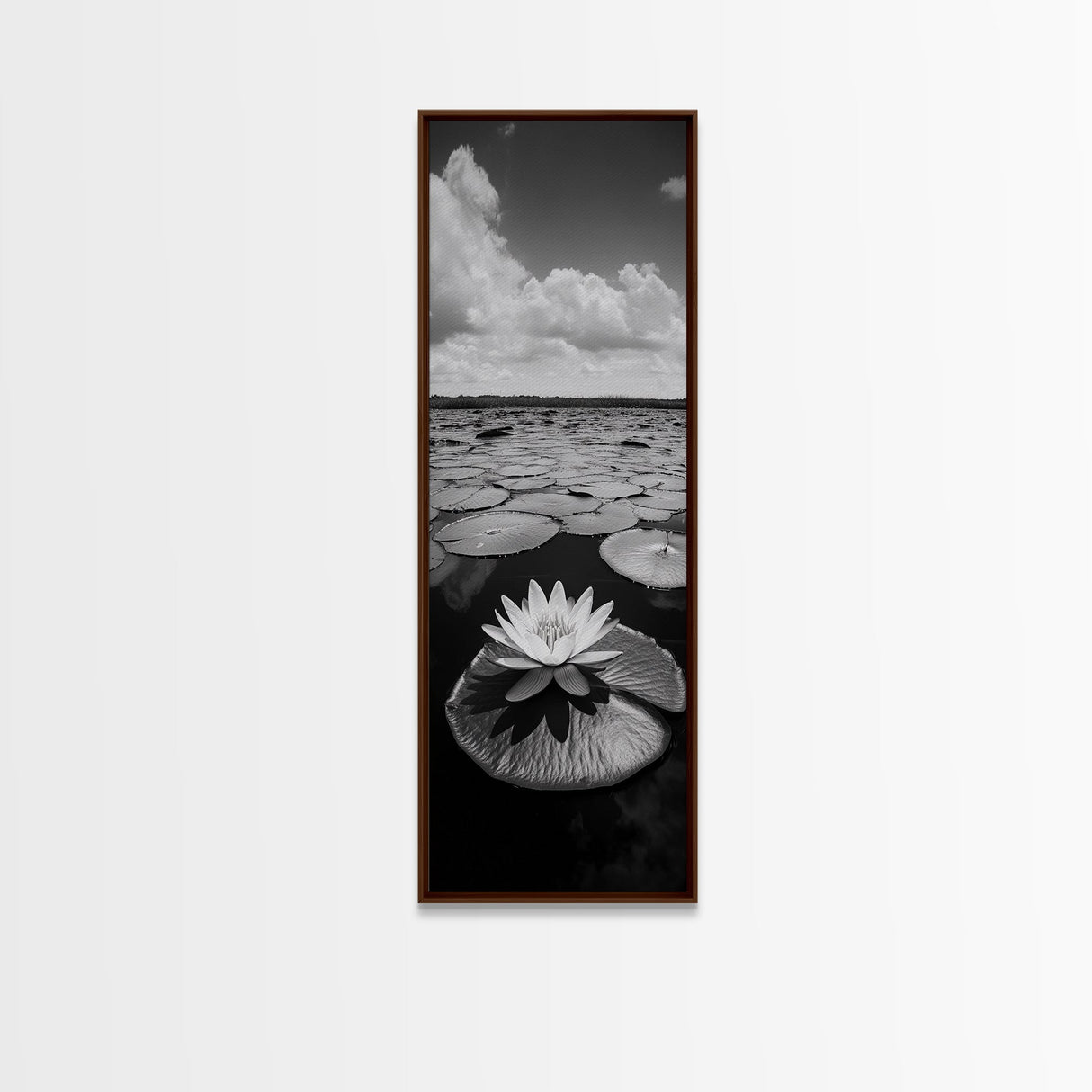 Water Lily Bloom, Lake Flowers, Lotus Petals, Peaceful Reflections, Botanical Art Framed Canvas Print, Spa Room Floral Wall Decor