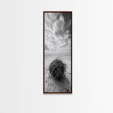 Beach Tumbleweed, Windy Dune, Coastal Drift, Seaside Simplicity, Monochrome Shoreline Framed Canvas Print, Bathroom Beach Wall Decor