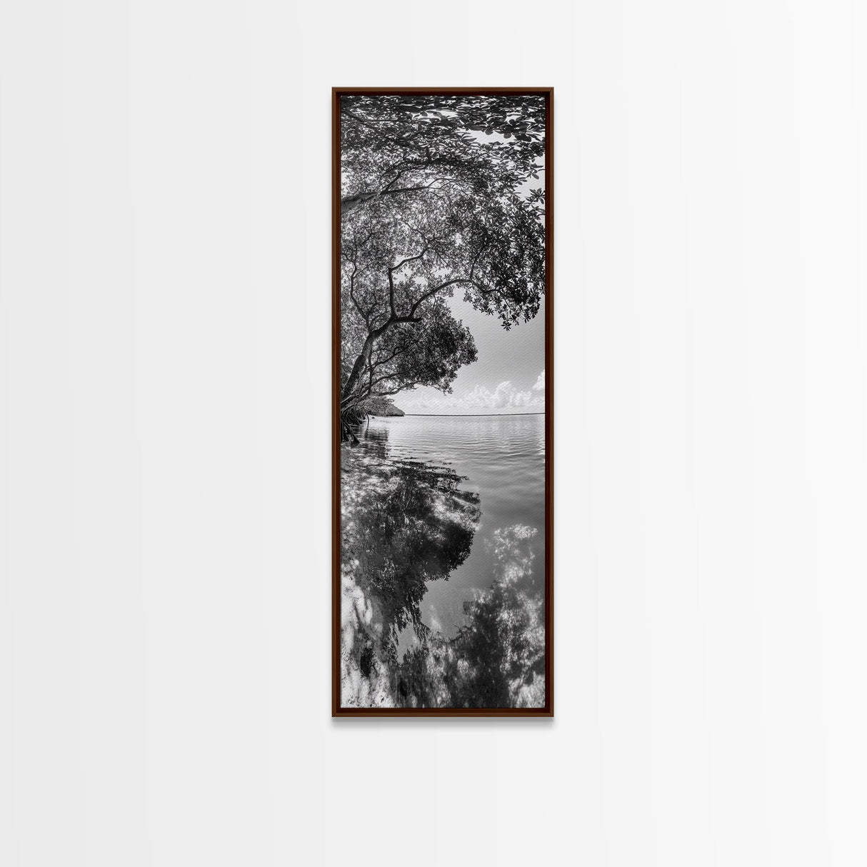 Mangrove Shoreline, Tree Reflections, Still Waters, Tranquil Escape, Black White Nature Framed Canvas Print, Zen Wall Art Entryway Decor