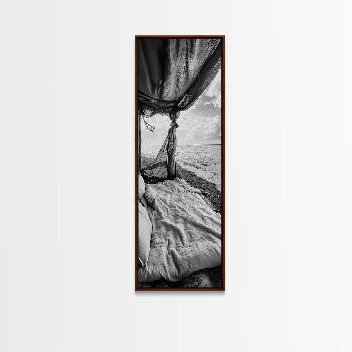 Coastal Bed View, Ocean Canopy, Seaside Rest, Framed Canvas Print, Boho Bedroom Wall Art, Rustic Beach Photography, Nature Retreat Decor