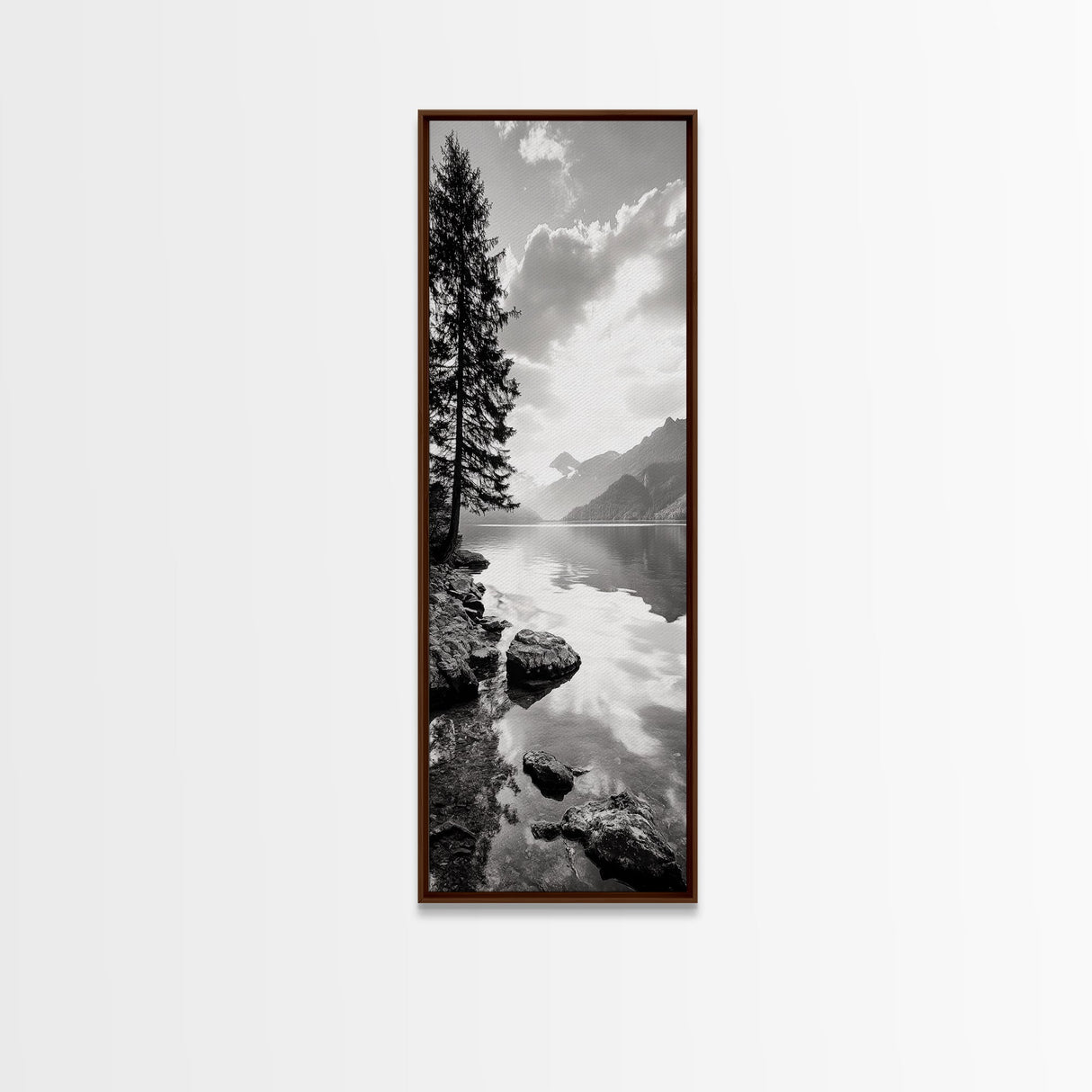 Mountain Lake Peace, Still Water View, Nature Escape, Framed Canvas Print, Living Room Wall Art, Nordic Cabin Decor, Minimal Landscape