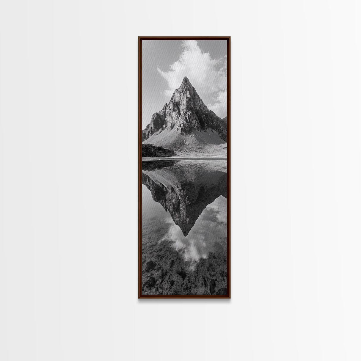 Sharp Mountain Peak, Reflection Stillness, Monochrome Wild, Framed Canvas Print, Rustic Cabin Wall Art, Nature Lover Gift Idea