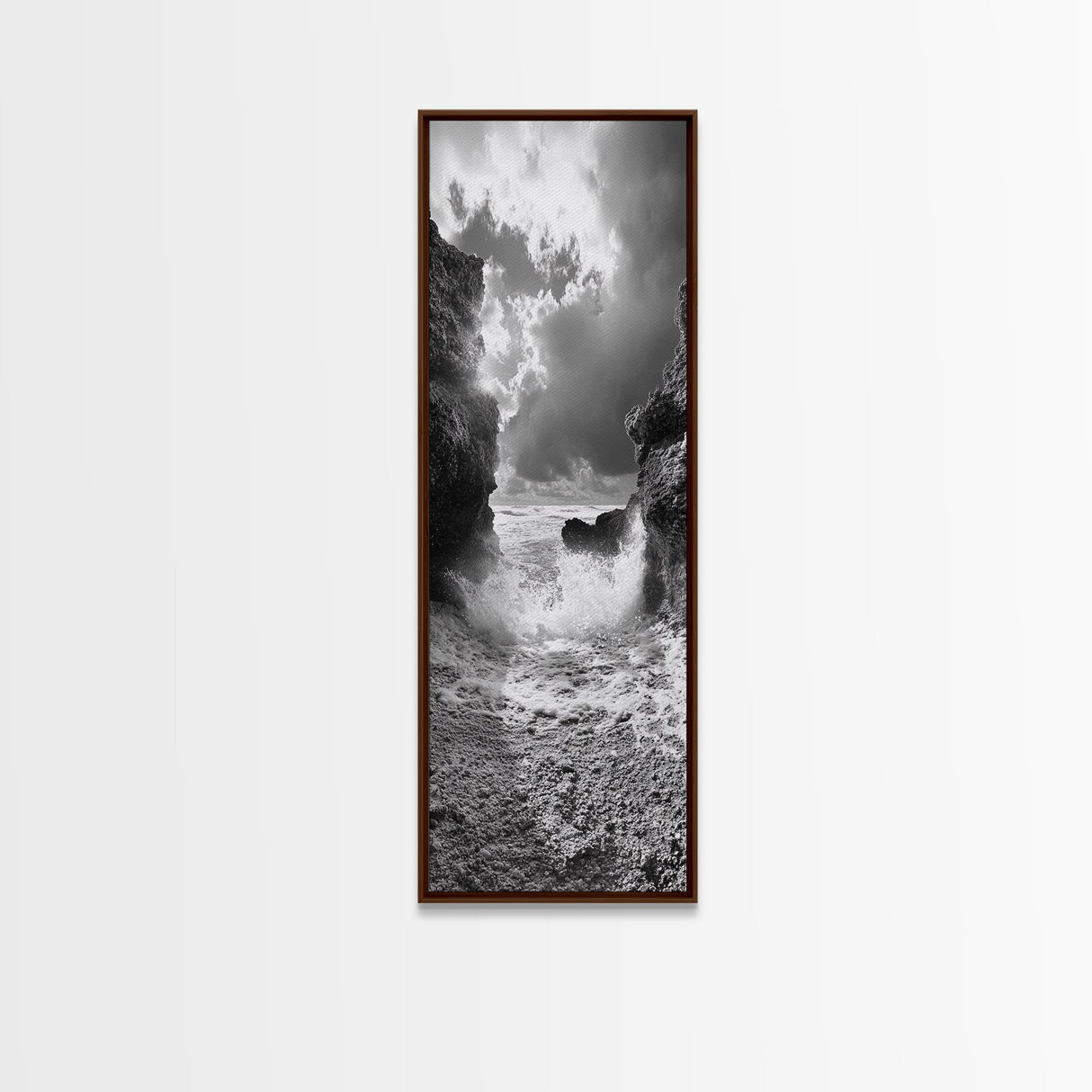 Wave Crash Rocks, Ocean Drama Scene, Moody Beach Photography, Coastal Kitchen Decor, Framed Canvas Print, Nautical Wall Art