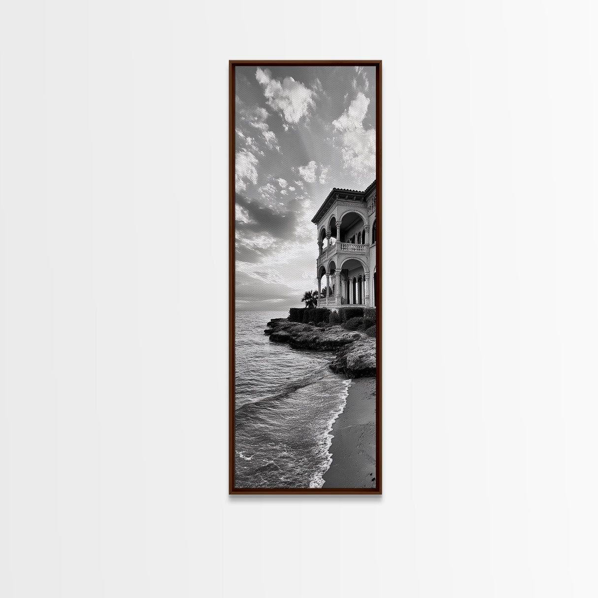 Italian Villa Coast, Seaside Architecture Print, Elegant Travel Decor, Framed Canvas Print, Dining Room Wall Art, Monochrome