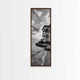 Italian Villa Coast, Seaside Architecture Print, Elegant Travel Decor, Framed Canvas Print, Dining Room Wall Art, Monochrome