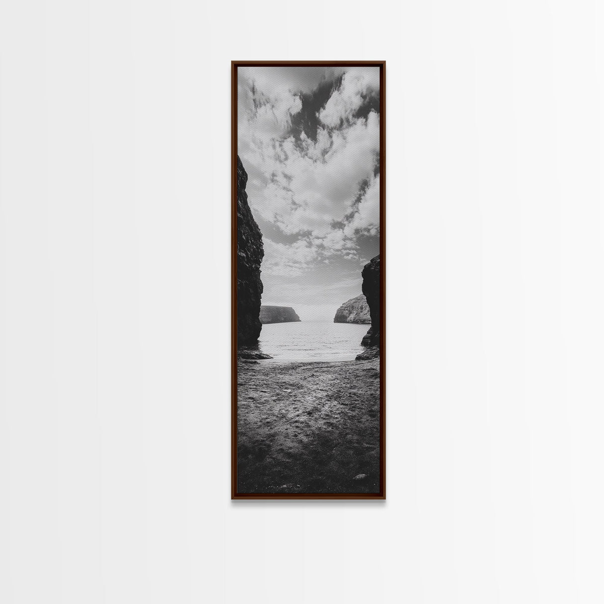Seaside Cliffs, Ocean Gateway, Tranquil Cove, Framed Canvas Print, Nautical Wall Art, Modern Coastal Decor, Neutral Beach Style