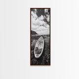 Surfboard Still, Rocky Shore, Beach Vibes, Framed Canvas Print, Coastal Bathroom Wall Art, Minimalist Beach Decor, Summer Style
