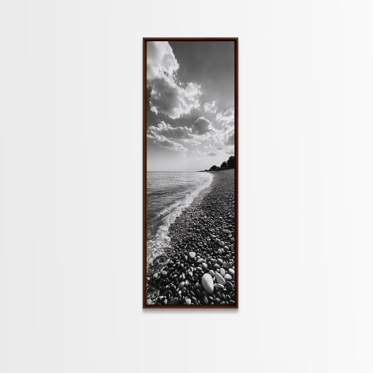 Pebble Beach, Gentle Waves, Coastal Calm, Framed Canvas Print, Minimalist Bathroom Wall Art, Nature Texture Decor, Seaside Zen, Office Wall Art