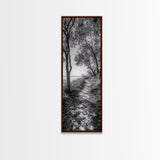 Lakeside Pathway Scene, Forest Walk Tranquility, Coastal Trail Mood, Framed Canvas Print, Nature-Lover Bedroom Wall Art, Cabin Wall Art