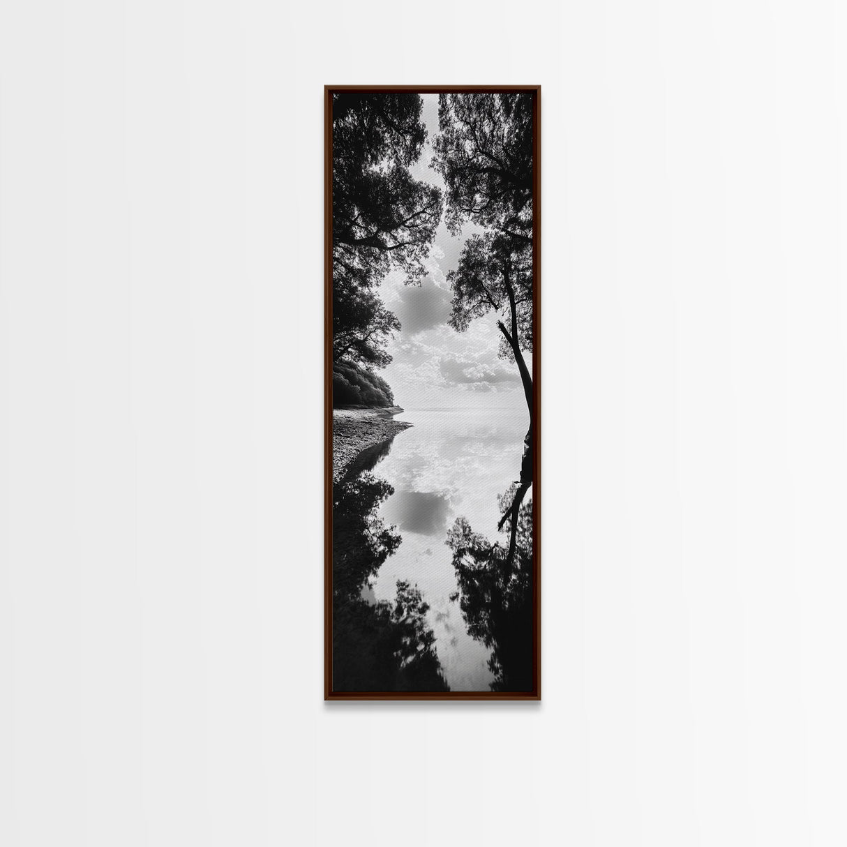 Misty Lake, Nature Reflection, Tranquil Waters, Monochrome Trees, Framed Canvas Print, Minimalist Wall Art, Bathroom or Hallway Decor