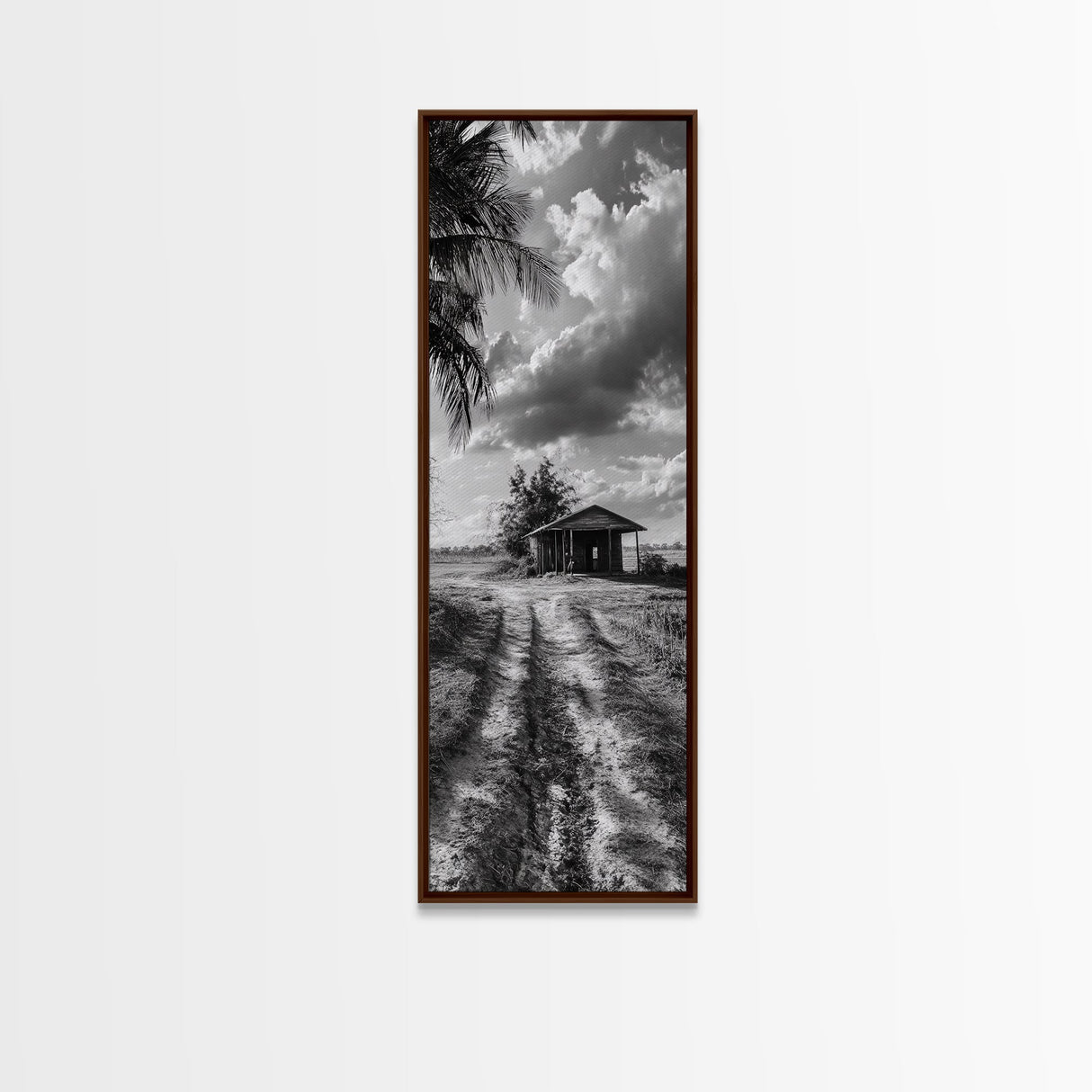Rustic Cabin, Countryside Road, Farm Field, Palm Trees, Framed Canvas Print, Farmhouse Entryway Wall Art, Fall Landscape,  Den Wall Art