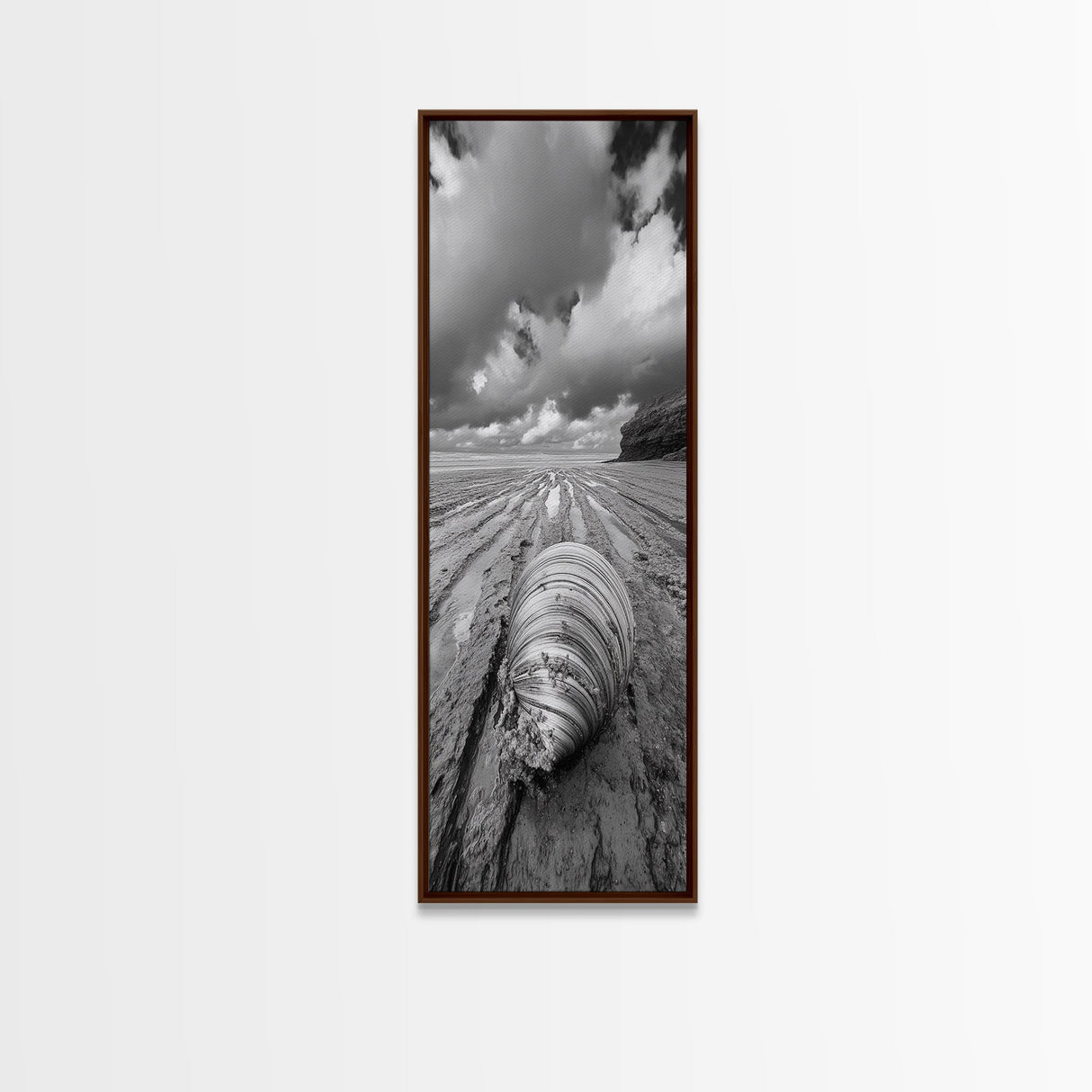 Ocean Clam, Moody Beach, Tidal Lines, Coastal Detail, Canvas Print, Nautical Bathroom Wall Art, Black and White Ocean Decor,  Den Wall Piece