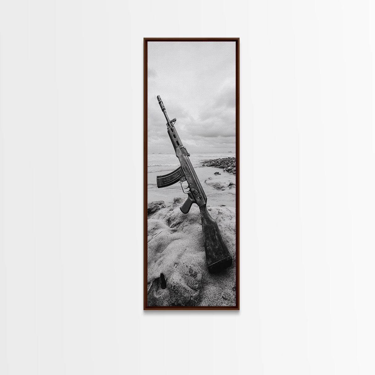 War Relic, AK Rifle, Surreal Beach Scene, Framed Canvas Print, Bold Statement Art, Bachelor Pad or Office Decor, Rustic Industrial Style