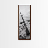 War Relic, AK Rifle, Surreal Beach Scene, Framed Canvas Print, Bold Statement Art, Bachelor Pad or Office Decor, Rustic Industrial Style