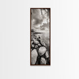 Sunrise Shore, Tranquil Coast, Pebble Beach, Golden Glow, Framed Canvas Print Fall Wall Art, Landscape Living Room Decor, Minimalist Aesthetic