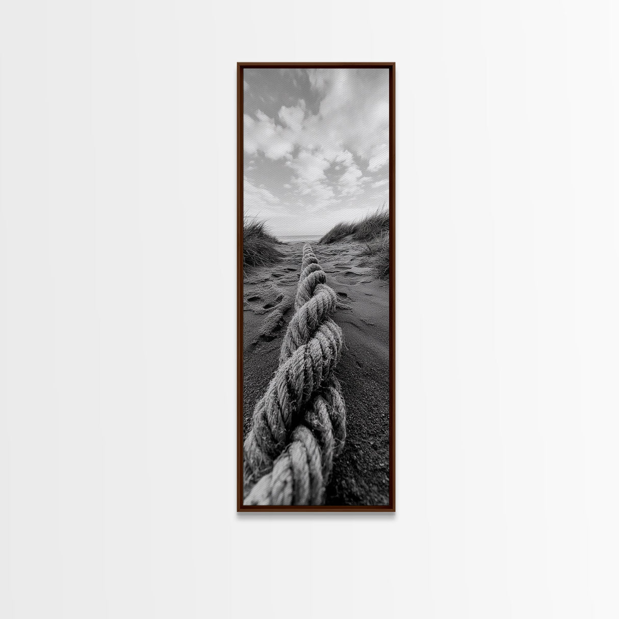 Rope in Sand, Beach Path Perspective, Coastal Journey, Framed Canvas Print, Bathroom Wall Art, Seaside Style, Minimalist Nautical Scene
