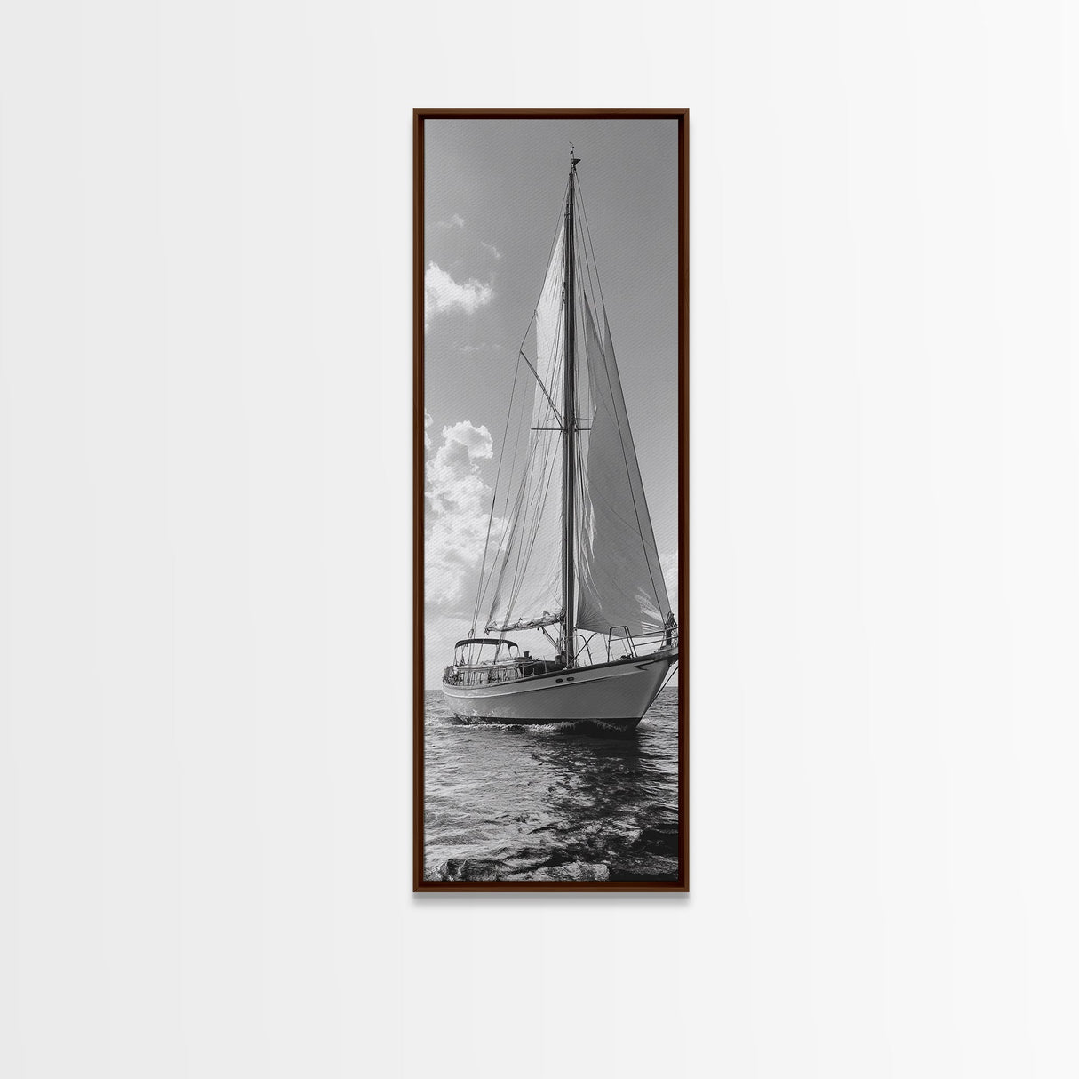 Sailboat Ocean Art, Nautical Wall Decor, Minimalist Seascape, Coastal Living Room Style, Framed Canvas Print, Black White Sailboat