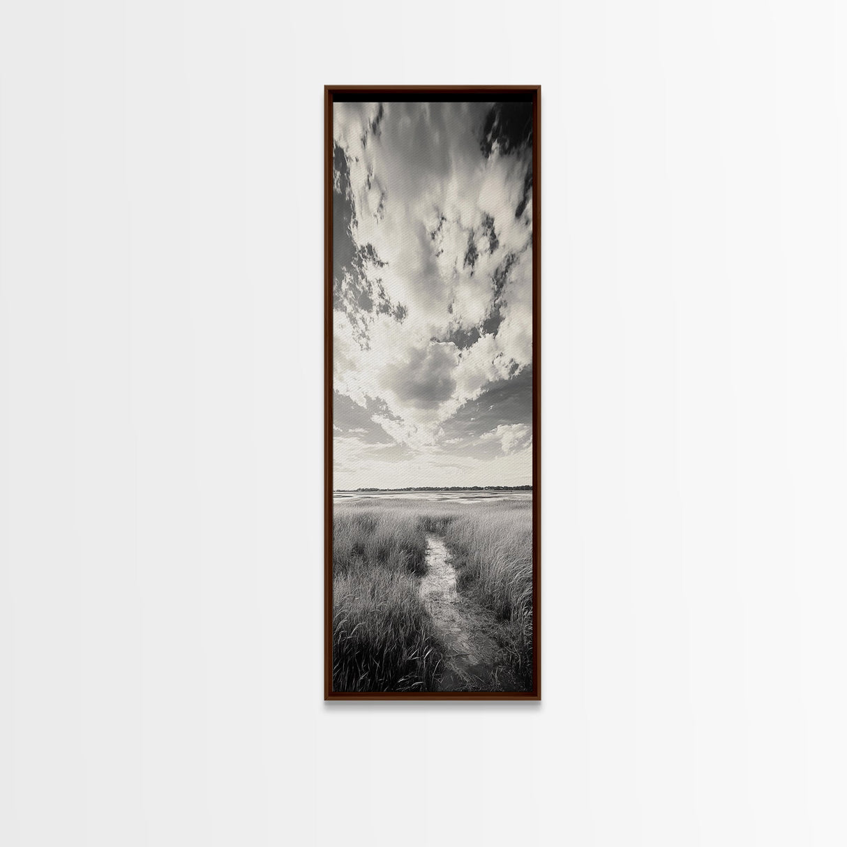 Marshland Pathway, Coastal Grassland Art, Nature Wall Decor, Calm Landscape Style, Framed Canvas Print, Neutral Tones Minimalist