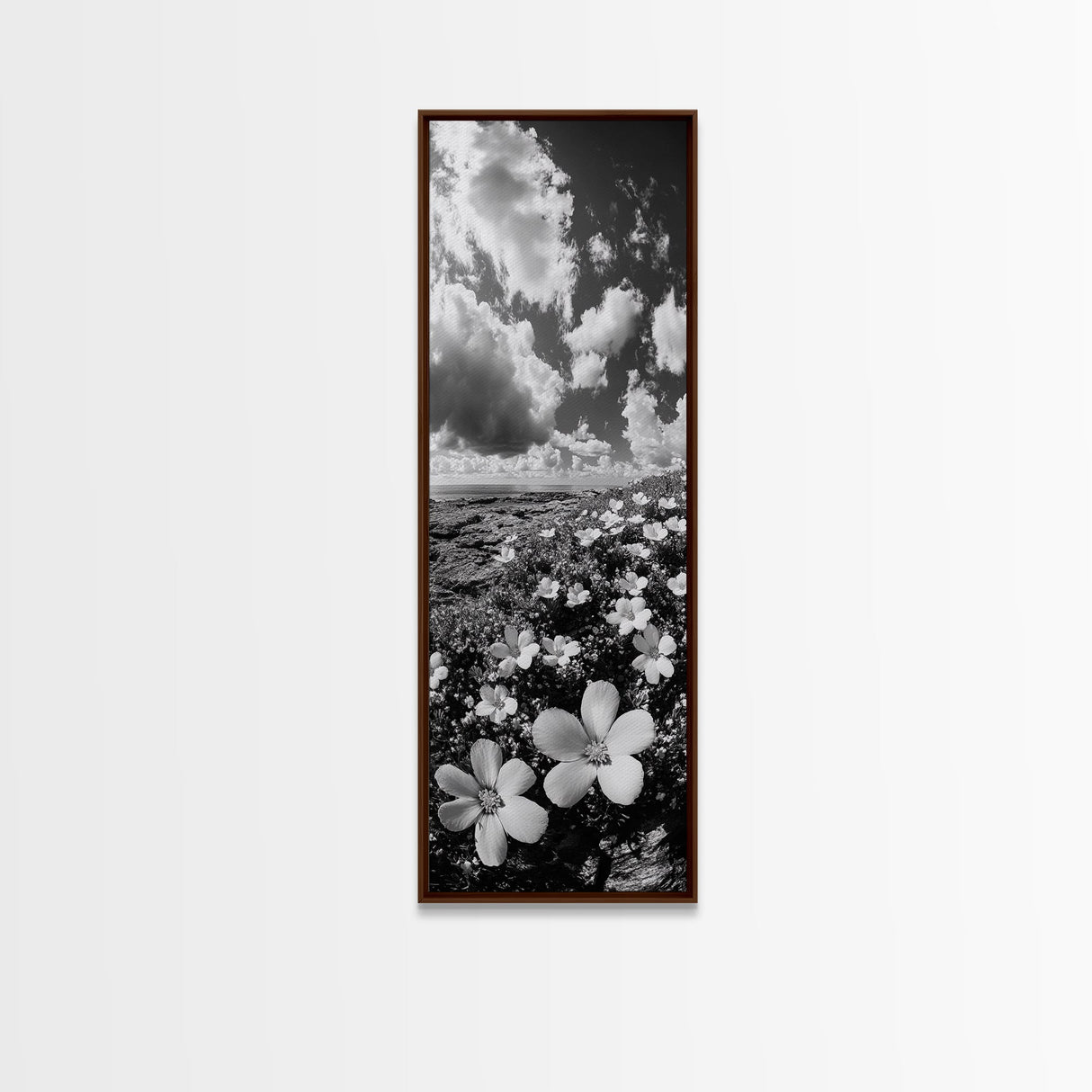 Ocean Flowers Art, Coastal Wildflower Print, Nature Boho Aesthetic, Beach House Wall Style, Framed Canvas Print, Moody Seaside Decor