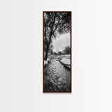 Peaceful Creek, Snow Trees, Winter Flow, Framed Canvas Print, Rustic Nature Art, Farmhouse Wall Decor, Serene Entryway Accent, Bedroom Decor