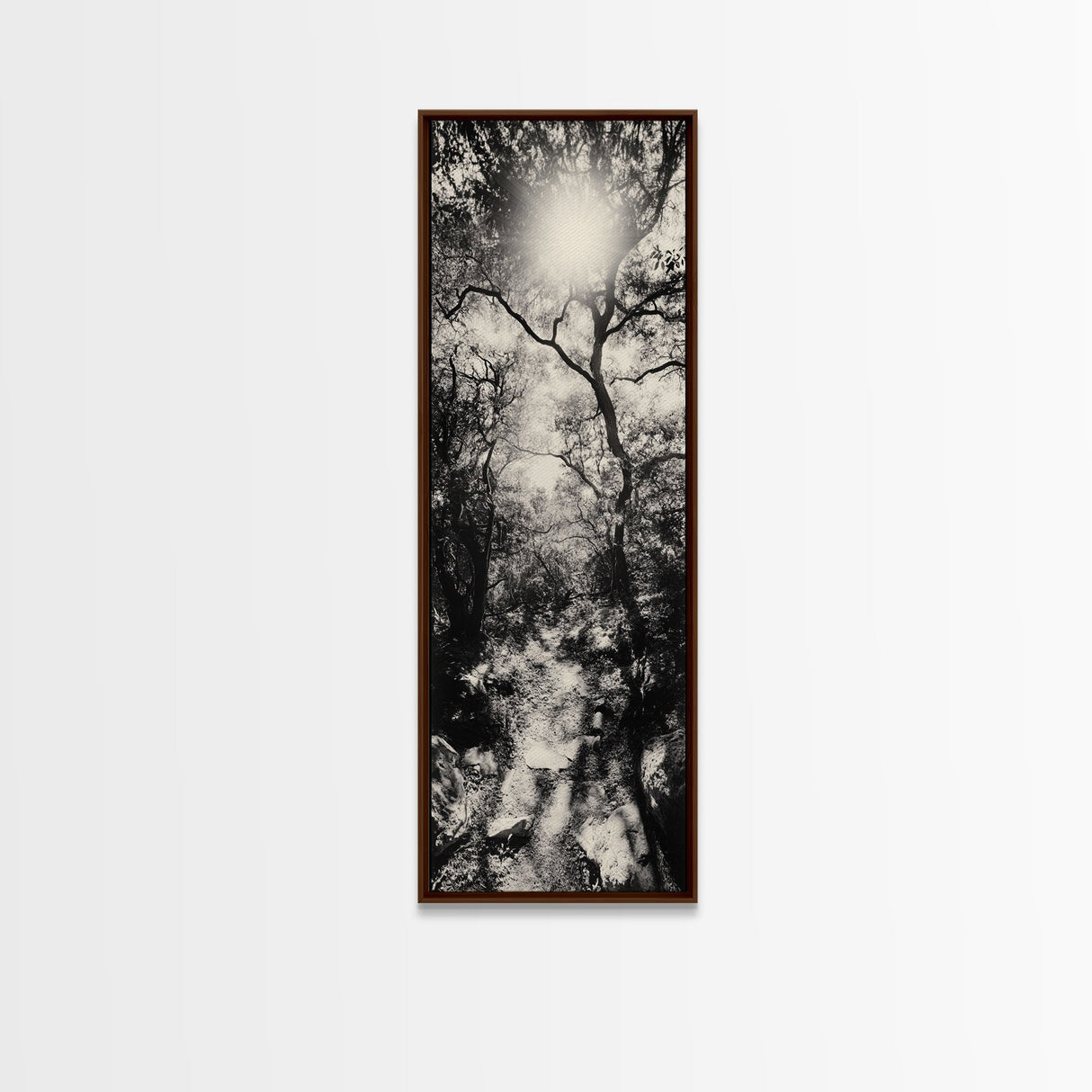 Forest Path, Sunburst Trees, Woodland Trail, Nature Light Framed Canvas Print, Boho Entryway Wall Art, Autumn Rustic Home Decor