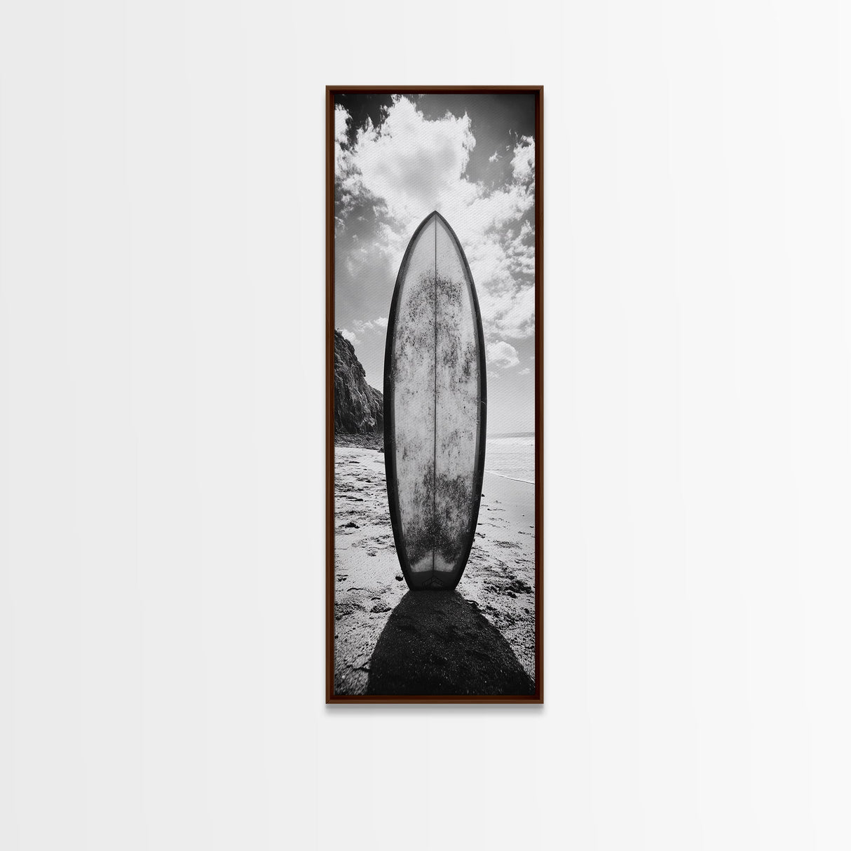 Surfboard Vertical, Sandy Beach, Coastal Rocks, Ocean Horizon, Framed Canvas Print, Surf Art, Dorm Room Decor, Tropical Vibe