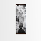 Surfboard Vertical, Sandy Beach, Coastal Rocks, Ocean Horizon, Framed Canvas Print, Surf Art, Dorm Room Decor, Tropical Vibe
