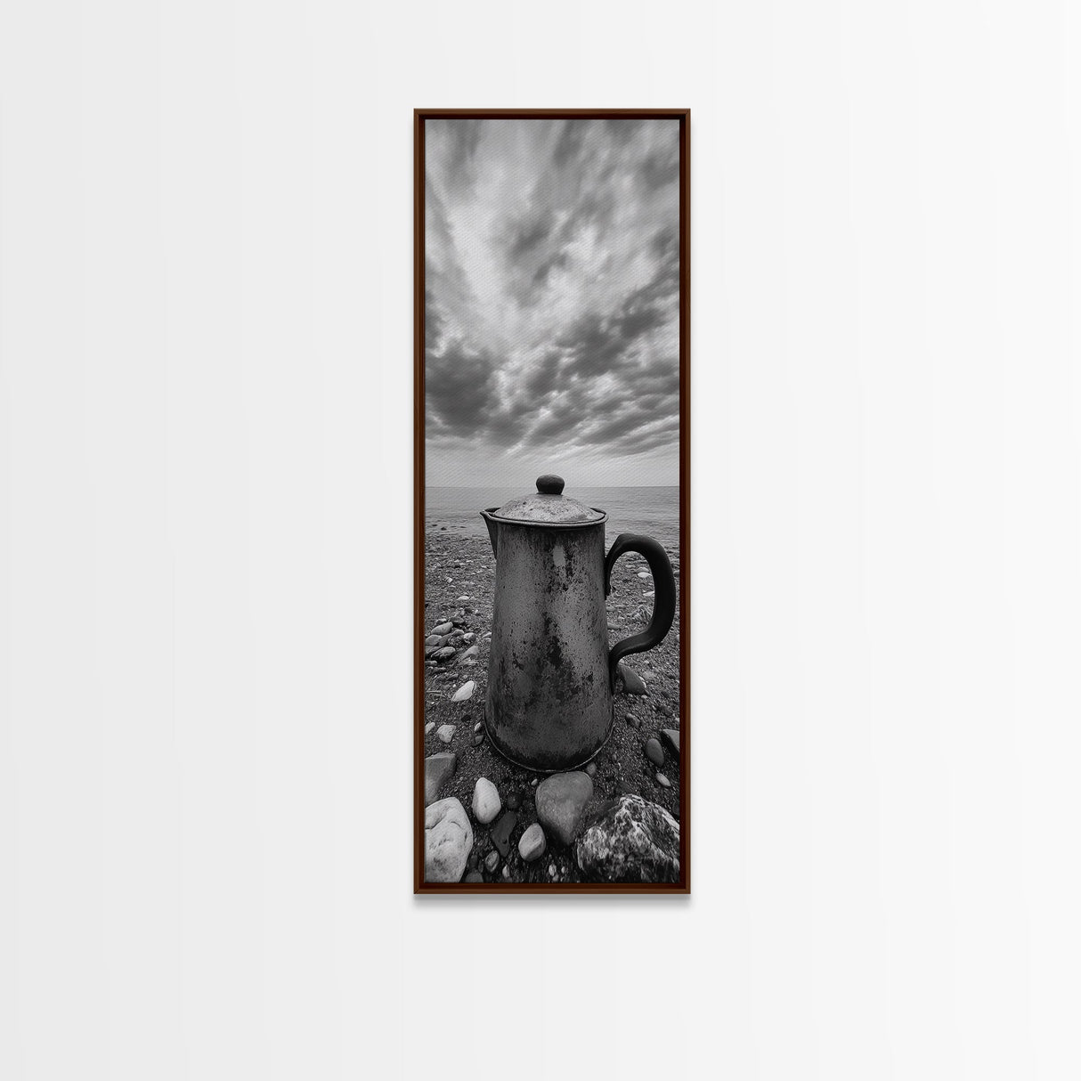 Seaside Coffee Pot, Rustic Beach, Moody Vibes, Framed Canvas Print, Farmhouse Decor, Kitchen Wall Art, Coastal Neutral Artwork